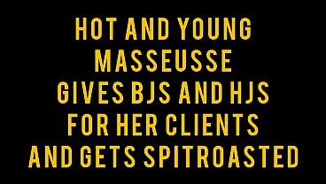Hot and young masseusse gives bjs and hjs and gets spitroasted by her clients